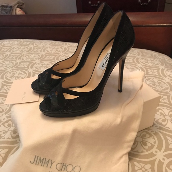 Jimmy Choo Shoes - Jimmy Choo Lizard Print Black Peep Toe High Heels
